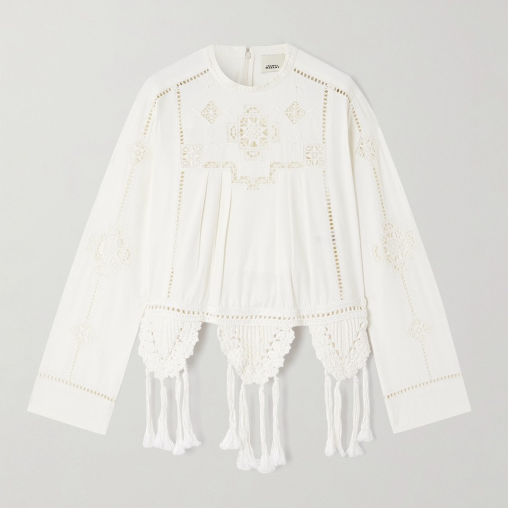 Isabel Marant Severine Crochet Fringe-Hem Long-Sleeve Blouse size 36 - Picture 4 of 8